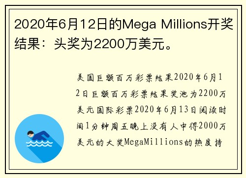 2020年6月12日的Mega Millions开奖结果：头奖为2200万美元。